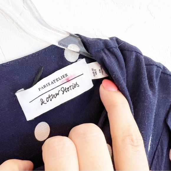 & Other Stories Women's Polka Dot Open Back Mini Dress Navy Blue Ruched Waist 2 - Picture 6 of 9